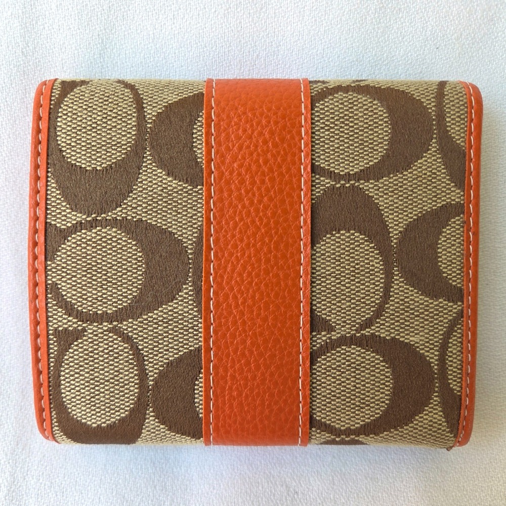 Coach Wallet Orange Excellent Vintage Signature Trifold Jacquard Leather - Picture 2 of 11